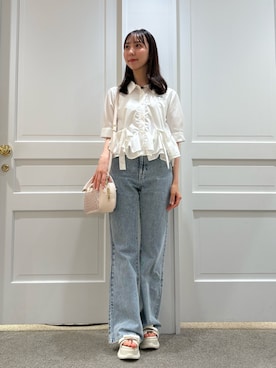 「JILL by JILL STUART（ジルバイジルスチュアート）のピコレースセミフレアデニムパンツ（デニムパンツ、ブルー系）」を使った、yurinajillbyさん（レディース・154cm）の夏コーディネート
