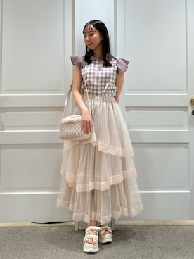 「JILL by JILL STUART（ジルバイジルスチュアート）の【WEB限定カラーあり】フリル袖ポロニット（ニット/セーター、ピンク系）」を使った、yurinajillbyさん（レディース・154cm）の夏コーディネート