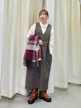 「KBF（ケイビーエフ）のカバーデザインロングブーツ（ブーツ）」を使った、まっちゃんさん（レディース・154cm）の冬コーディネート