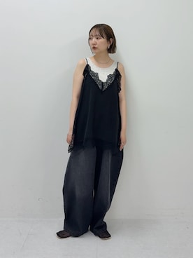 「KBF（ケイビーエフ）の『一部WEB限定カラー』ヴィンテージライクレースキャミソール（キャミソール、ブラック系）」を使った、まっちゃんさん（レディース・154cm）の春コーディネート