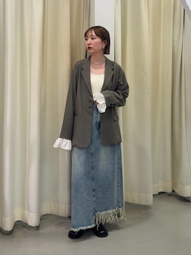 「KBF（ケイビーエフ）のフリルスリーブテーラードジャケット（その他アウター、グレー系）」を使った、まっちゃんさん（レディース・154cm）の春コーディネート