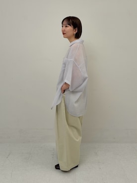 「KBF（ケイビーエフ）のシアーストライプBIGシャツ（シャツ/ブラウス、パープル系）」を使った、まっちゃんさん（レディース・154cm）の春コーディネート