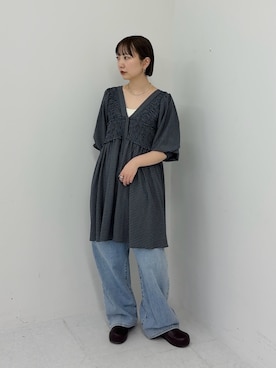 「KBF（ケイビーエフ）のBIGポケットデザインデニム（デニムパンツ、ブルー系）」を使った、まっちゃんさん（レディース・154cm）の冬コーディネート