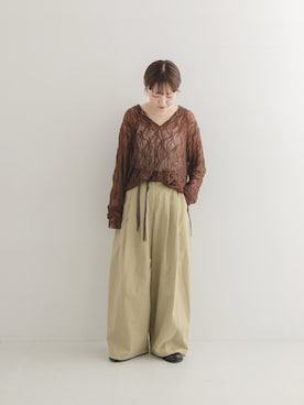 「KBF（ケイビーエフ）のフーディーレーストップス（Tシャツ/カットソー、ブラウン系）」を使った、まっちゃんさん（レディース・154cm）の夏コーディネート