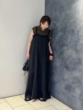 「KBF（ケイビーエフ）のレースオンピンタックサロペット（その他パンツ、ブラック系）」を使った、まっちゃんさん（レディース・154cm）の夏コーディネート