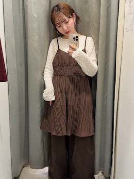 「KBF（ケイビーエフ）のリンクルミニキャミワンピース（ワンピース、ブラウン系）」を使った、まっちゃんさん（レディース・154cm）の春コーディネート
