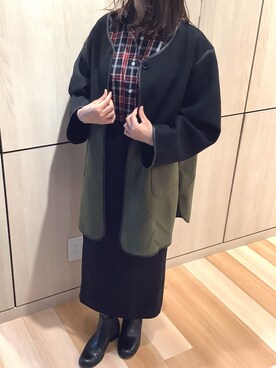 「チェックシャツ」｜「アイテム（ノーカラージャケット）」を使った、TOKYO SHIRTS 盛岡イオンモール店さん（レディース・158cm）の秋コーディネート