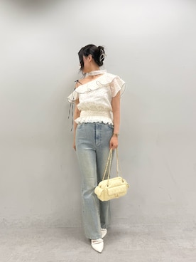 「one after another NICE CLAUP(ワンアフターアナザーナイスクラップ)の2wayワンショルフリルフレアスリーブブラウス(シャツ/ブラウス、ホワイト系)」を使った、marikoさん(レディース・162cm)の夏コーディネート