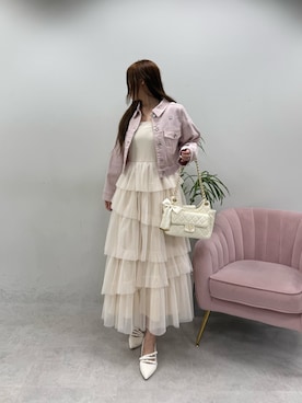 「one after another NICE CLAUP(ワンアフターアナザーナイスクラップ)のセットで着れる/ビジューデニムジャケット(デニムジャケット、ピンク系)」を使った、marikoさん(レディース・162cm)の春コーディネート