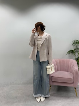 「one after another NICE CLAUP(ワンアフターアナザーナイスクラップ)の【premium order】サイズ展開あり/セットで着れる/後ろレースアップテーラードジャケット(テーラードジャケット、ピンク系)」を使った、marikoさん(レディース・162cm)の春コーディネート