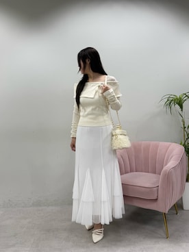 「one after another NICE CLAUP(ワンアフターアナザーナイスクラップ)の配色リボンオフショルトップス(Tシャツ/カットソー、ホワイト系)」を使った、marikoさん(レディース・162cm)の春コーディネート