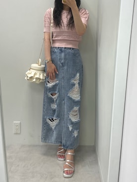 「one after another NICE CLAUP（ワンアフターアナザーナイスクラップ）のアイテム（デニムスカート）」を使った、marikoさん（レディース・162cm）の夏コーディネート