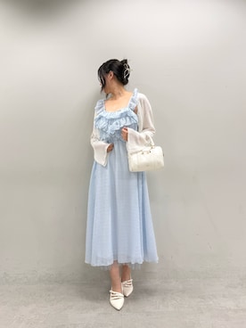 「one after another NICE CLAUP(ワンアフターアナザーナイスクラップ)のエンジェルフリルロングワンピース(ワンピース、ブルー系)」を使った、marikoさん(レディース・162cm)の夏コーディネート