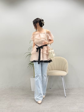 「one after another NICE CLAUP(ワンアフターアナザーナイスクラップ)の4wayウエストリボンフリルミニワンピース(ワンピース、ピンク系)」を使った、marikoさん(レディース・162cm)の夏コーディネート