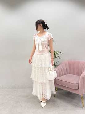 「one after another NICE CLAUP(ワンアフターアナザーナイスクラップ)のフロントリボンドッキングトップス(Tシャツ/カットソー、ピンク系)」を使った、marikoさん(レディース・162cm)の春コーディネート
