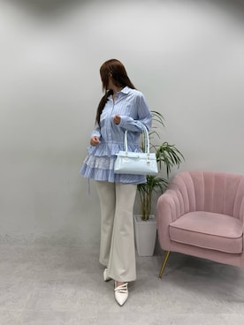 「one after another NICE CLAUP(ワンアフターアナザーナイスクラップ)のティアードシャツワンピース(シャツワンピース、ブルー系)」を使った、marikoさん(レディース・162cm)の春コーディネート