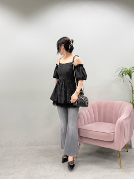 「one after another NICE CLAUP(ワンアフターアナザーナイスクラップ)の【Black Ribbon Collection】バックリボンミニワンピース(ワンピース、ブラック系)」を使った、marikoさん(レディース・162cm)の春コーディネート