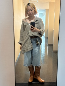 「PBLIM（ページボーイリム）の《UNISEX/ウエスト調整可能》ワイドハーフパンツ　レオパード/リアルツリー（デニムパンツ、ブルー系）」を使った、☆miyu  さん（レディース・160cm）の夏コーディネート