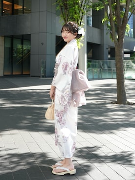「tocco closet（トッコ　クローゼット）の【トップス＆ワンピース＆帯の３点セット】２ＷＡＹ♪フラワープリントセパレート浴衣（浴衣、ホワイト系）」を使った、きらりさん（レディース・164cm）の春コーディネート