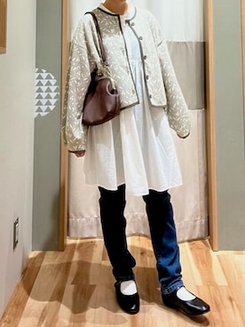 「チュニック」｜「アイテム（ノーカラージャケット）」を使った、砂糖さん（レディース・155cm）の秋コーディネート