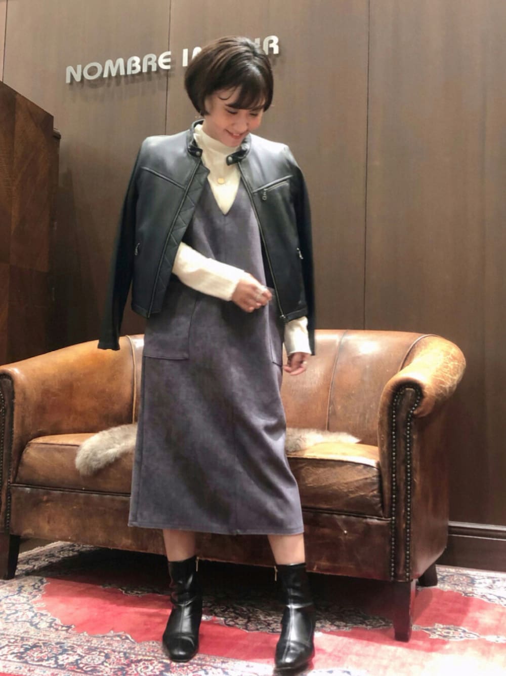 「ワンピース、レザー、レザージャケット、冬コーデ、ジャンパースカート、キレイめ、ootd、秋服、低身長、outfit、大人ガーリー、低身長コーデ」｜「NOMBRE IMPAIRのダブルブラッシュ　ボトルネックP/O（Tシャツ/カットソー、ホワイト系）」を使った、saegusa.さん（レディース・151cm）の秋コーディネートの1枚目の写真
