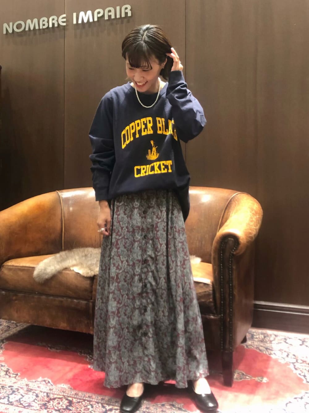 「ootd、カジュアル、秋色、低身長コーデ、オトナカジュアル、きれいめカジュアル、ロングスカート、秋のコーデ、Tシャツ、スカート」｜「FIL DE FERのクリケットプリント　ロングスリーブTEE（Tシャツ/カットソー、ブルー系）」を使った、saegusa.さん（レディース・151cm）の夏コーディネートの1枚目の写真