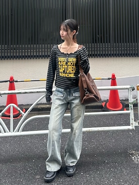 「WHO'S WHO gallery（フーズフーギャラリー）のSLOPPY配色厚底ローファー（ローファー、ブラック系）」を使った、makiさん（レディース・159cm）の春コーディネート