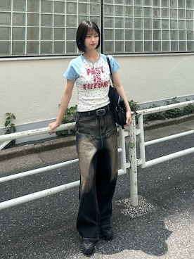 「WHO'S WHO gallery（フーズフーギャラリー）のメニースターラグランチビT（Tシャツ/カットソー、ブルー系）」を使った、makiさん（レディース・159cm）の春コーディネート