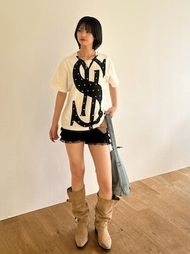 「Sourcream（サワークリーム）の【Sourcream】 ＄TEE（Tシャツ/カットソー、ホワイト系）」を使った、makiさん（レディース・159cm）の夏コーディネート
