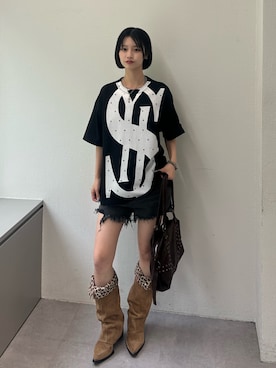 「Sourcream（サワークリーム）の【Sourcream】SOUR ＄LOGO TEE（Tシャツ/カットソー、ブラック系）」を使った、makiさん（レディース・159cm）の夏コーディネート