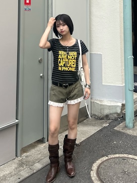 「WHO'S WHO gallery（フーズフーギャラリー）の【WEB限定】メッセージヘンリーリングドット TEE（Tシャツ/カットソー、グレー系）」を使った、makiさん（レディース・159cm）の夏コーディネート