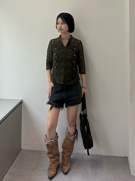 「WHO'S WHO gallery（フーズフーギャラリー）の【WEB限定】ナポレオンレーススタンド7分袖シャツ（シャツ/ブラウス、グリーン系）」を使った、makiさん（レディース・159cm）の夏コーディネート