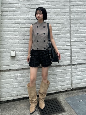 「WHO'S WHO gallery（フーズフーギャラリー）のスリーベルトカバーブーツ（ブーツ、ベージュ系）」を使った、makiさん（レディース・159cm）の夏コーディネート