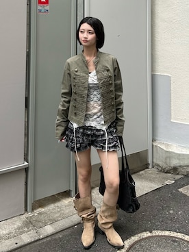 「WHO'S WHO gallery（フーズフーギャラリー）のスウェードくしゅブーツ（ブーツ、ベージュ系）」を使った、makiさん（レディース・159cm）の夏コーディネート