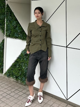 「WHO'S WHO gallery（フーズフーギャラリー）のアシメスタンドシャツ（シャツ/ブラウス、グリーン系）」を使った、makiさん（レディース・159cm）の秋コーディネート