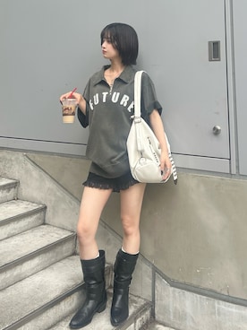 「WHO'S WHO gallery（フーズフーギャラリー）のツイルレースマイクロショーツ（その他パンツ、ブラック系）」を使った、makiさん（レディース・159cm）の夏コーディネート