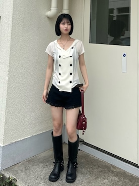「WHO'S WHO gallery（フーズフーギャラリー）のベルテッドロングブーツ（ブーツ、ブラック系）」を使った、makiさん（レディース・159cm）の春コーディネート