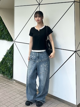 「WHO'S WHO gallery（フーズフーギャラリー）のアイレットスラポケブラストデニム（デニムパンツ、ブルー系）」を使った、makiさん（レディース・159cm）の春コーディネート