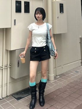 「WHO'S WHO gallery（フーズフーギャラリー）の【SLOPPY】 リブチビT（Tシャツ/カットソー、ホワイト系）」を使った、makiさん（レディース・159cm）の夏コーディネート