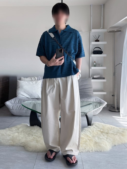 「CIASENSE(シアセンス)のWatermark knitting loose Half Sleeve knit polo shirt/透かし編みルーズ半袖ニットポロシャツ(ポロシャツ)」を使った、けいさん(メンズ・177cm)の夏コーディネート