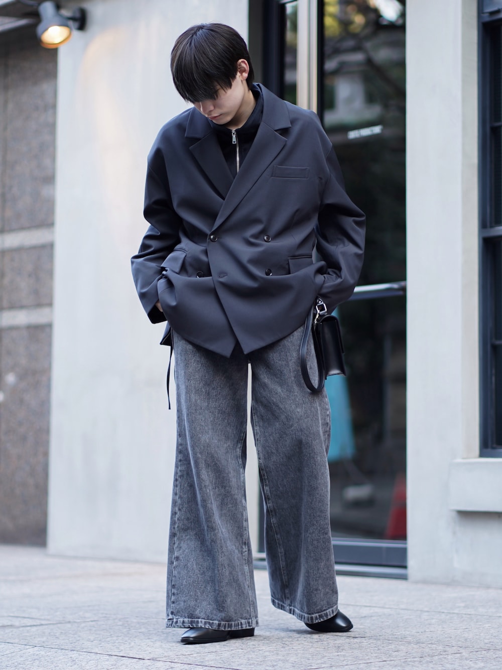 Loose】ドレープオーバー ダブルショートジャケット ブラック FRKM SCD