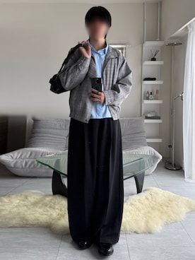 「VELNUS（ベルナス）の【VELNUS】Side tuck design front pocket wide slacks/サイドタックデザイン フロントポケットワイドスラックス（スラックス、ブラック系）」を使った、けいさん（メンズ・177cm）の秋コーディネート