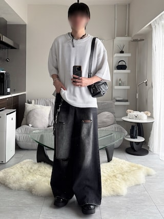 「VELNUS（ベルナス）の【VELNUS】Watermark knitting loose short sleeve lame summer knit/透かし編みルーズ半袖ラメサマーニット（ニット/セーター）」を使った、けいさん（メンズ・177cm）の春コーディネート