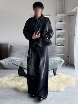 「VELNUS（ベルナス）の【VELNUS】【12oz】 Vintage design damaged wide baggy denim pants/ヴィンテージデザインダメージ加工ワイドバギーデニムパンツ（デニムパンツ、ブラック系）」を使った、けいさん（メンズ・177cm）の秋コーディネート