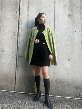「Stylevoice for xxx（スタイルヴォイスフォー）のオーバーシルエットモヘアカーデ（カーディガン/ボレロ、グリーン系）」を使った、yukakoさん（レディース・162cm）の冬コーディネート