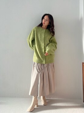 「Stylevoice for xxx（スタイルヴォイスフォー）のオーバーシルエットモヘアカーデ（カーディガン/ボレロ、グリーン系）」を使った、yukakoさん（レディース・162cm）の冬コーディネート