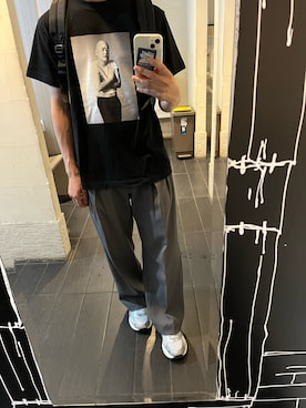 「テレビ千鳥のアイテム（Tシャツ/カットソー、ブラック系）」を使った、きりはらさん（メンズ・168cm）の夏コーディネート