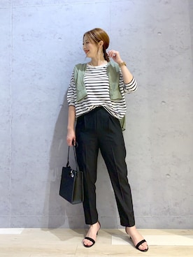 「LEPSIM（レプシィム）のカラーボーダーＴ　947628（Tシャツ/カットソー、ホワイト系）」を使った、hanaeさん（レディース・161cm）の夏コーディネート