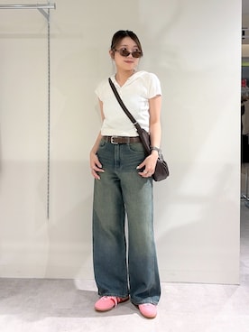 「FREE'S MART（フリーズマート）の◆スキッパー半袖カットソーフーディー（Tシャツ/カットソー、ホワイト系）」を使った、kurumi_.mfmさん（レディース・158cm）の夏コーディネート