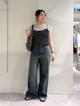 「FREE'S MART（フリーズマート）の◆針抜きテレコＴシャツ×アソートキャミセット（Tシャツ/カットソー、ブラック系）」を使った、kurumi_.mfmさん（レディース・158cm）の夏コーディネート